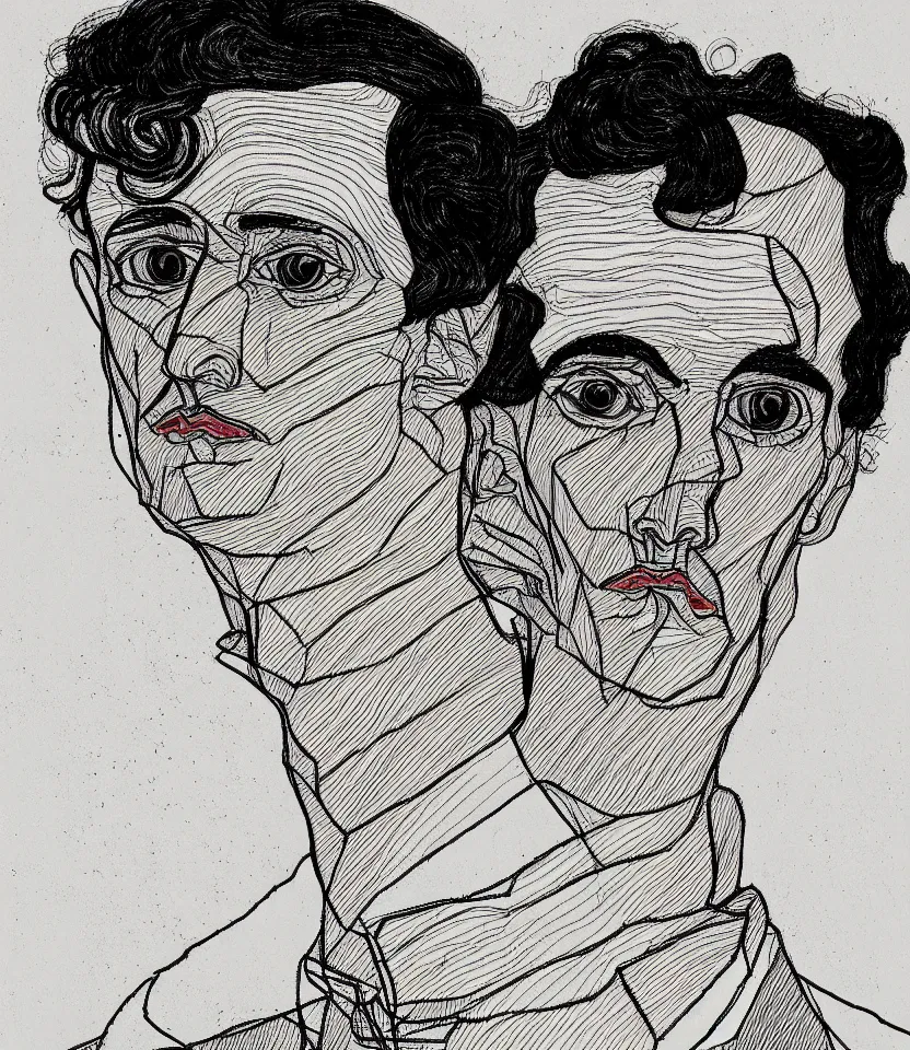 Image similar to detailed line art portrait of charles baudelaire, inspired by egon schiele. caricatural, minimalist, bold contour lines, musicality, soft twirls curls and curves, confident personality, raw emotion