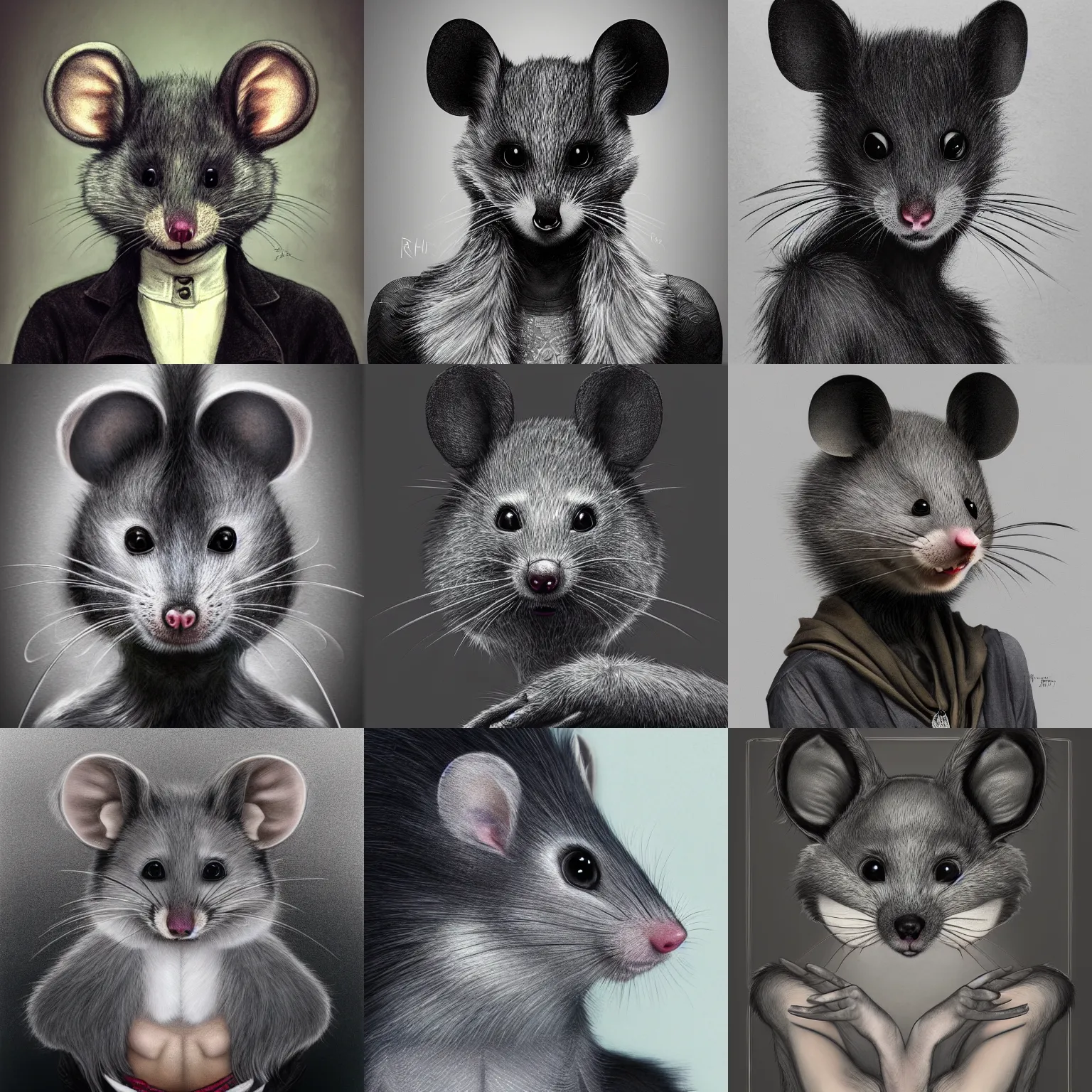 Prompt: a photograpic portrait of a anthropomorphic grey mouse wearing black clothes, black hair, grey skin, grey mouse ears, furry character, fursona, fantasy, intricate, elegant, highly detailed, digital painting, artstation, smooth, sharp focus, illustration, art by artgerm and H R Giger and alphonse mucha