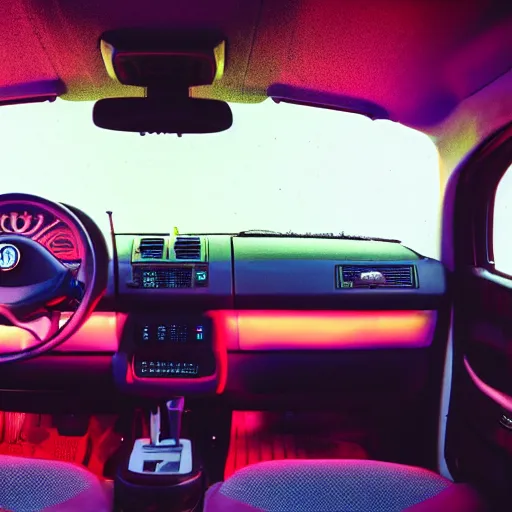 Prompt: photo of a 9 0 s fiat panda interior at night, with neon lights in the background, 3 5 mm