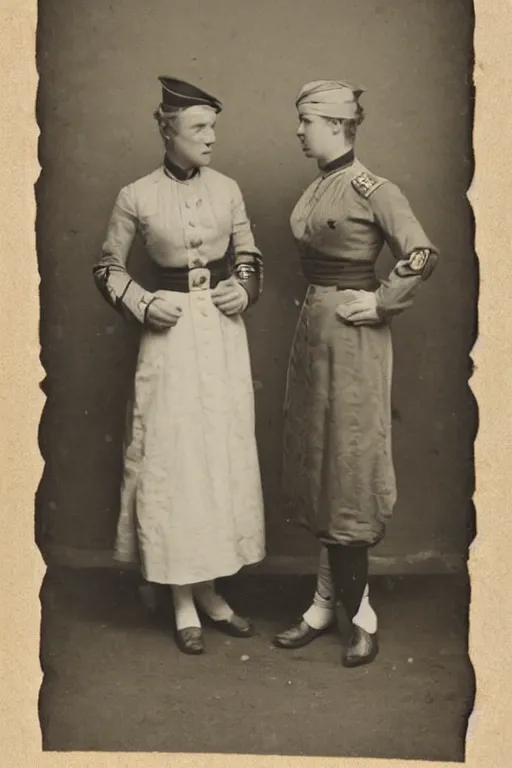 Image similar to two women soldiers in uniform gossiping, 1800s, photograph