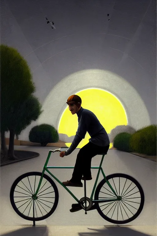 Image similar to young man riding a bicycle with a colorful energy, in the style of edward hopper, solarpunk, atmospheric, clean, intricate and epic composition, gray by caravaggio, insanely quality, highly detailed, masterpiece, white light, artstation, 4 k