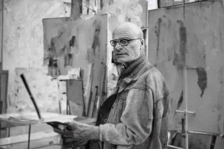 Prompt: portrait photograph of anselm kiefer at work