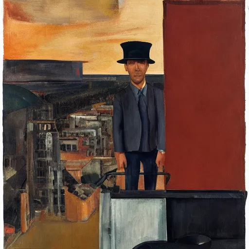 Image similar to portrait of jason statham pet detective standing atop a garbage truck giorgio de chirico mark rothko lucian freud greg rutkowski