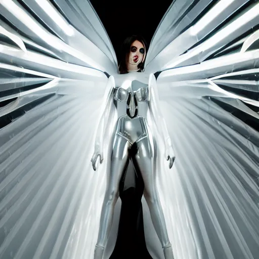 Prompt: angelic heavenly interior, glossy spinal metal, black liquid, latex pvc, winged, arched, bursts of white light, minor lens flares, 8k, photorealistic, muted colors, depth of field,