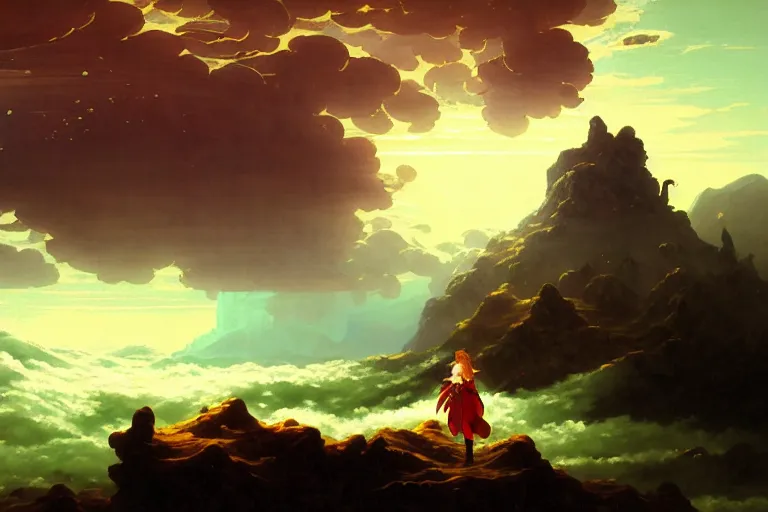 Prompt: baroque oil painting of anime key visual environment concept art of of wanderer above the sea of fog 1 8 1 8 but with anime girl, long flowing brown hair, grimdark fantasy, acrylic painting, trending on pixiv fanbox, palette knife and brush strokes, style of makoto shinkai jamie wyeth james gilleard edward hopper greg rutkowski studio ghibli genshin impact