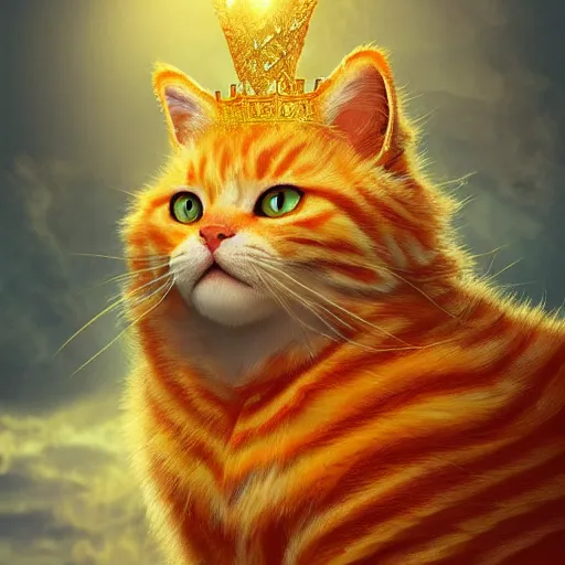 Image similar to colossal fluffy orange royal king tabby cat wearing a golden crown, golden hour, fantasy, vivid colors, sharp focus, digital art, hyper - realistic, 4 k, unreal engine, highly detailed, hd, dramatic lighting by brom, trending on artstation