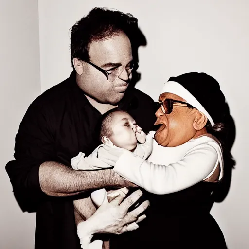 Image similar to kim kardashian feeding danny devito with a baby bottle as he's being held warmly award winning motherly photography