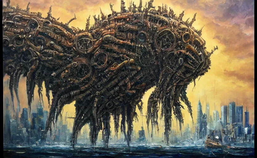 Prompt: an oil painting of biopunk aether monster that consumes new york city in style of lovecraftian horror by simon bisley