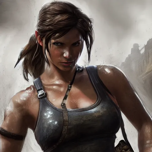 Prompt: Lara croft as blacksmith, wet face , dirty face ,heavy rain ,dramatic, intricate, highly detailed, concept art, smooth, sharp focus, illustration, Unreal Engine 5, 8K