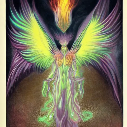 Prompt: a demon with huge nacreous fire wings