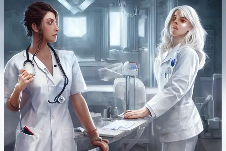 Prompt: a poster of emergency room, an elegant and beautiful female doctor in a white coat, cinematic, highly detailed, digital painting, artstation, concept art, matte, sharp focus, illustration, industrial light and magic, art by artgerm and greg rutkowski