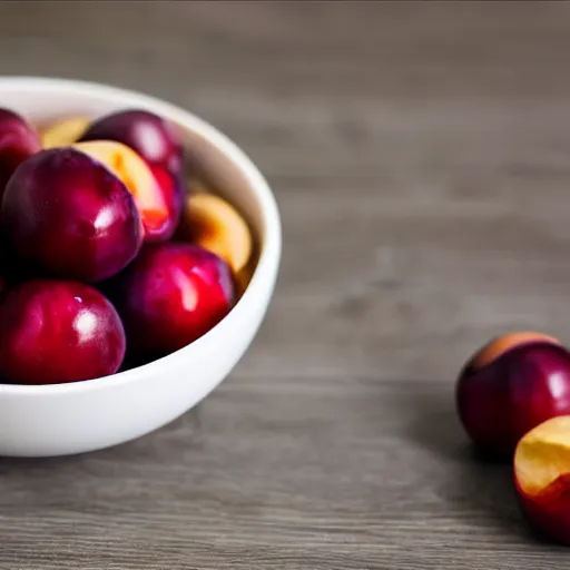 Image similar to a bowl filled with freshly picked plums. volumetric lighting. 4 k