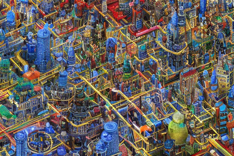 Prompt: an elaborate penned illustration of a colorful intricate connected city of tubes and pipes, by jan van haasteren and jheronimus bosch, unreal engine, physically based rendering, ariel view, tilt - shift