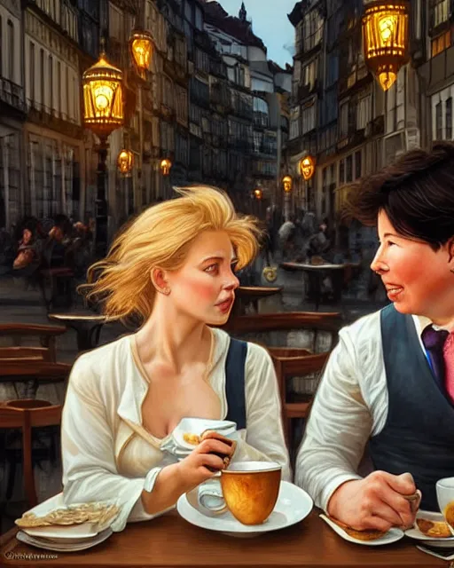 Image similar to Portrait of Michael Mcintyre & a blonde lady having coffee & croissants at waterfront in Porto,real life skin, intricate, elegant, highly detailed, artstation, concept art, smooth, sharp focus, art by artgerm and greg rutkowski and alphonse mucha