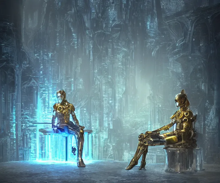 Image similar to translucent glowing cyborg sitting on a metal throne, futuristic castle as background, fantasy sci - fi, highly detailed, metallic, 2 0 0 mm focus