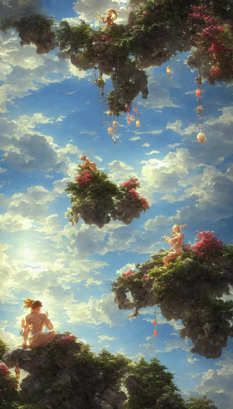 Prompt: wind deity enjoying the view from his stone heavenly palace, decorated with windchimes and paper lanterns, stunning nature and clouds in background, digital art, detailed, volumetric lighting, octane render by anime, stanley artgerm lau, greg rutkowski, thomas kindkade, alphonse mucha, loish, norman rockwel, highly detailed