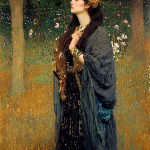 Image similar to Richard Schmid and Jeremy Lipking and Gustav Klimt portrait painting of a young beautiful woman priestess victorian orientalist in elaborate costume