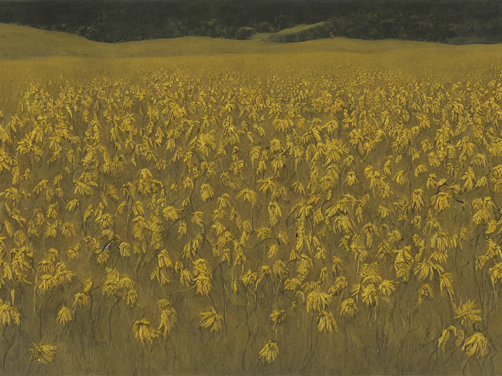 Prompt: Field of withered sunflowers and lotuses painted by Andrew Wyeth.