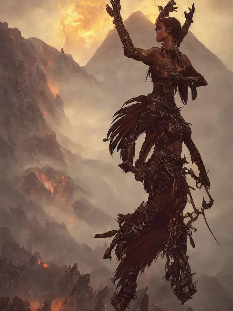 Image similar to An epic fantasy portrait painting of a warrior woman spider legs and spikes in her head standing in front of a volcano eruption, illustration, detailed, award-winning, trending on artstation, by artgerm and Greg Rutkowski and Alphonse Mucha