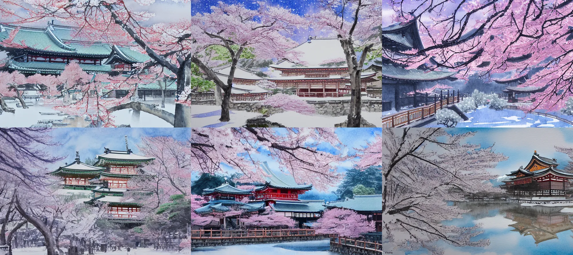 Prompt: japanese 寺 in a 雪 landscape surrounded by 桜, long shot, watercolour painting, 4k