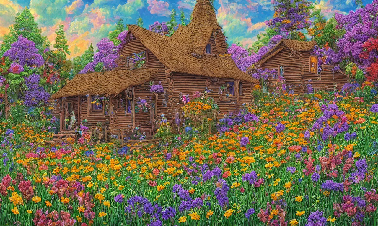 Image similar to a cabin in a mystical field of flowers illustration painting, oil on canvas, intricate, hd, digital art, overdetailed art, complementing colors, detailed, illustration painting by alex gray, digital art, moebius