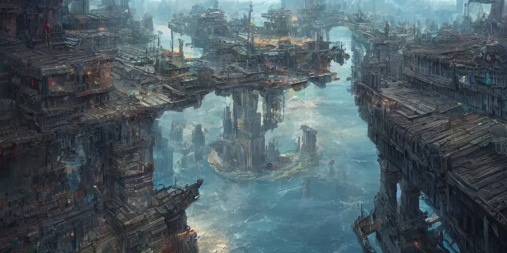 Image similar to ancient city on the bridge, really high up, over the ocean, thriving market, artstation, deviantart