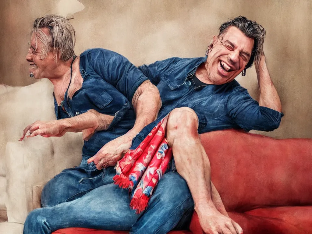 Image similar to extremely detailed digital painting of till lindemann sits on the couch with grandmother and laughing, stunning scene, 4 k, realism, bright colors, trending on artstation