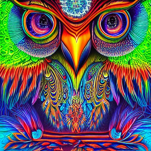 Image similar to colorful detailed portrait of a psychedelic owl by alex grey and johfra bosschart, trending in behance, 4K, deep depth of field