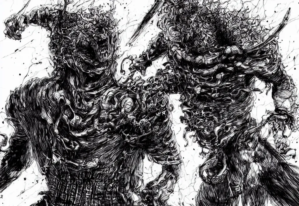 Prompt: guts from berserk fighting in hell raiser made by Kim Jung Gi