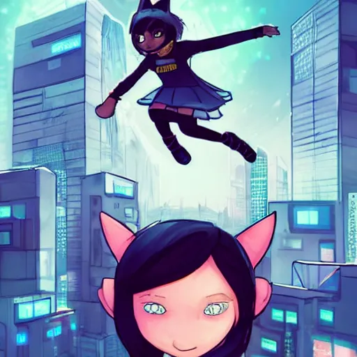Image similar to a fierce looking 7 year old girl with cat ears, jumping from a rooftop, futuristic city, fiona staples