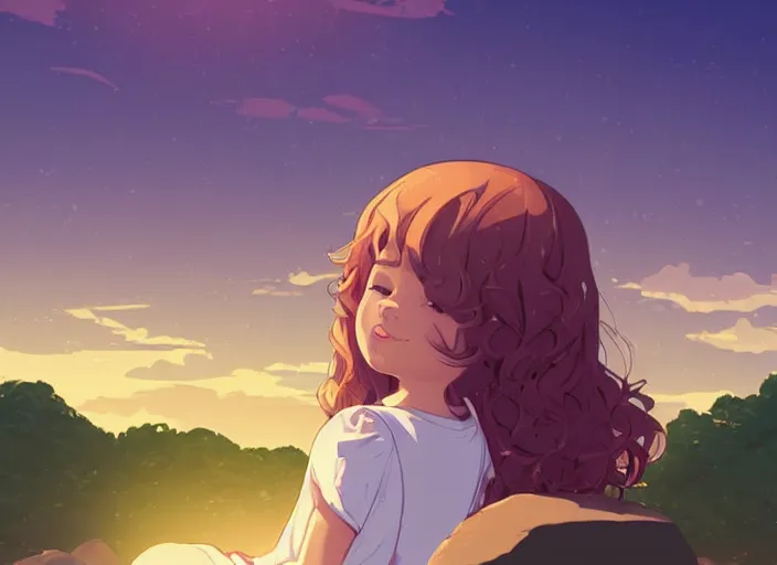 Prompt: little girl with short wavy curly light brown hair sitting on a rock. background pink and blue sunrise sky. clean cel shaded vector art. shutterstock. behance hd by lois van baarle, artgerm, helen huang, by makoto shinkai and ilya kuvshinov, rossdraws, illustration, art by ilya kuvshinov