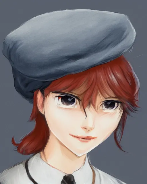 Image similar to girl with beret, drawn by Yueko, trending on Artstation