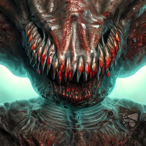 Prompt: Photorealistic bone hammerhead monster from pitch black. Hyperdetailed photorealism, 108 megapixels, amazing depth, glowing rich colors, powerful imagery, psychedelic Overtones, 3D finalrender, 3d shading, cinematic lighting, artstation concept art