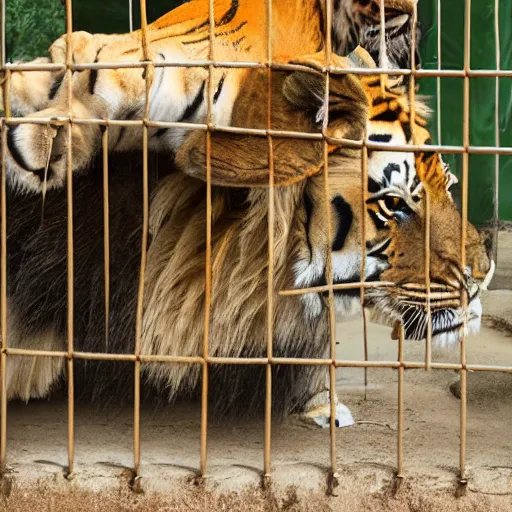 Image similar to lion and a tiger roaring in cage at the zoo wearing hats