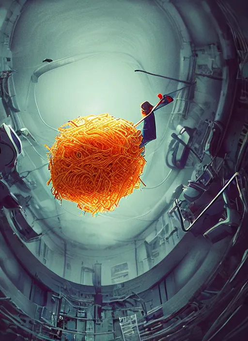 Prompt: cinematic shot epic floating spaghetti, hyper realistic, mood lighting, fantasy, detailed space station, highly detailed, super realistic, perfect lighting pixel sorting, style sheet