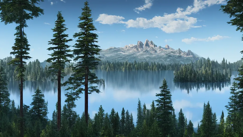 Image similar to a lake surrounded by tall pine trees with a mountain in the background, a detailed matte painting by senior environment artist, shutterstock contest winner, photorealism, rendered in unreal engine, matte painting, anamorphic lens flare