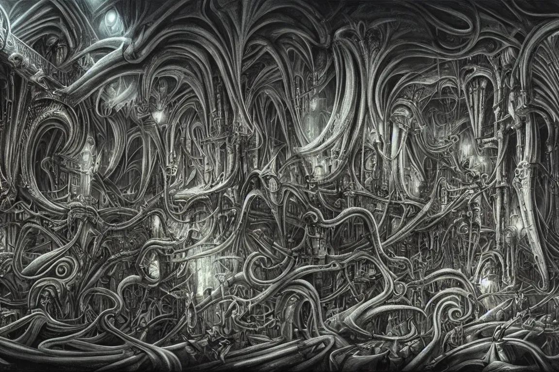 Image similar to A very detailed nightmarish dreamscape with surreal architecture, surrealism, monochromatic airbrush painting, style of H. R. Giger