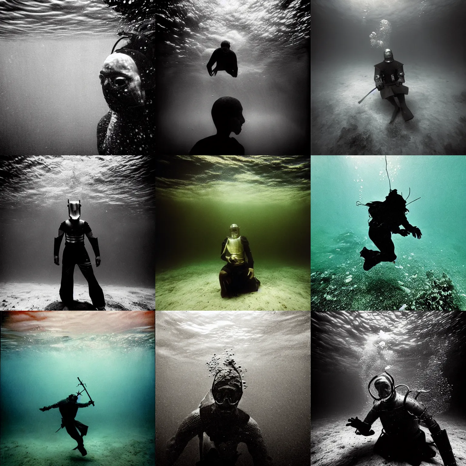 Prompt: Underwater portrait of a medieval knight by Trent Parke, clean, detailed, Magnum photos
