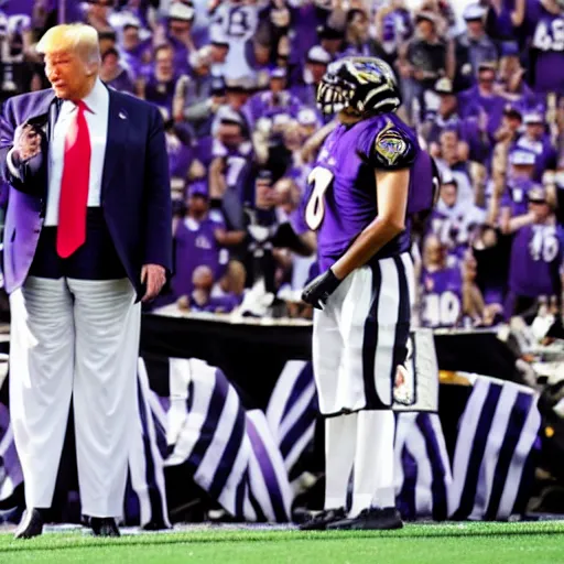 Prompt: Donald Trump wearing a Baltimore Ravens jersey. realistic. 8k. Highly detailed.