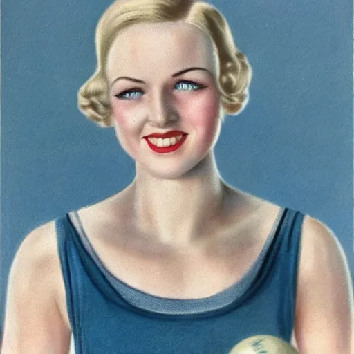 Prompt: a 1 9 3 0 s ultra - realistic color portrait. happy, healthy, beautiful, smiling, young, sporty, blonde, blue - eyed woman in decent athletic wear. hyper - realistic detailed drawing