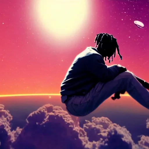 Prompt: Travis Scott sitting on a cloud over Earth, 4k, Aubrey Powell, vintage photo, lens flare, beautiful cinematography, surreal, film grain
