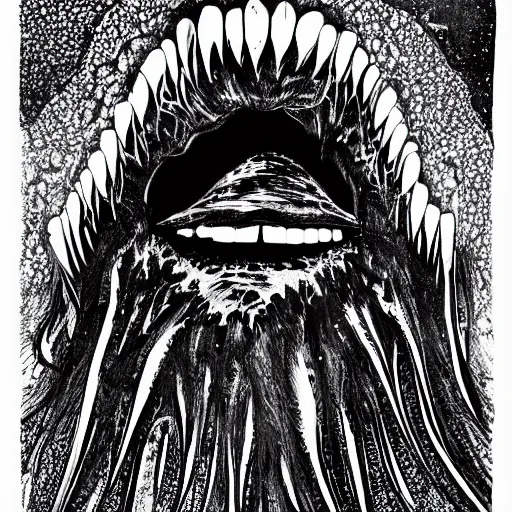 Image similar to A giant maw with infinite teeth devouring a star. Ink art. Sharp. Jagged. Monochromatic