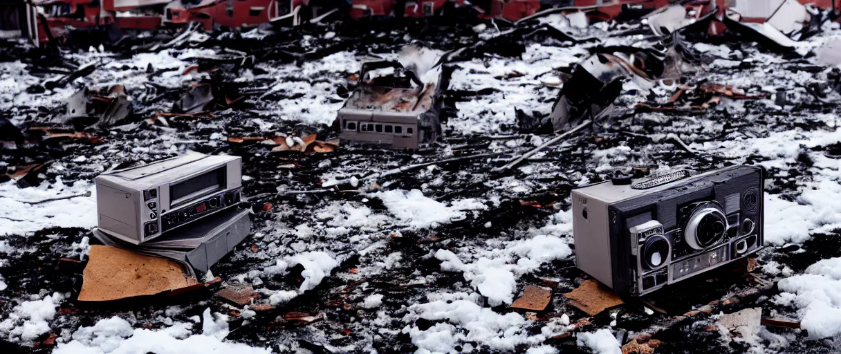 Image similar to filmic extreme closeup dutch angle movie still 4k UHD 35mm film color photograph of a texas instrument data tape player partly melted and burnt with smoke rising behind it, sitting among the rubble of a completely burned down structure in the snow in Antarctica at night