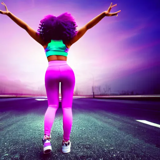 Prompt: a award winning full body shot of a beautiful woman in a croptop and leggings with a ombre purple pink teal hairstyle with head in motion and hair flying, outrun, vaporware, vivid colors, highly detailed, fine detail, intricate