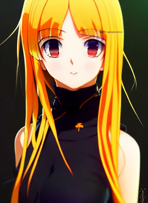 Image similar to anime portrait of a beautiful woman, yellow - orange eyes, ilya kuvshinov, black clothing, anime, pixiv top monthly, trending on artstation, cinematic, danbooru, zerochan art, kyoto animation