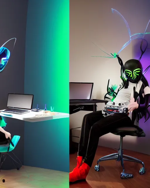 Prompt: a spider alien in spandex bodysuit playing computer games in a streamer bedroom, gaming chair, gaming headset, rgb wall light