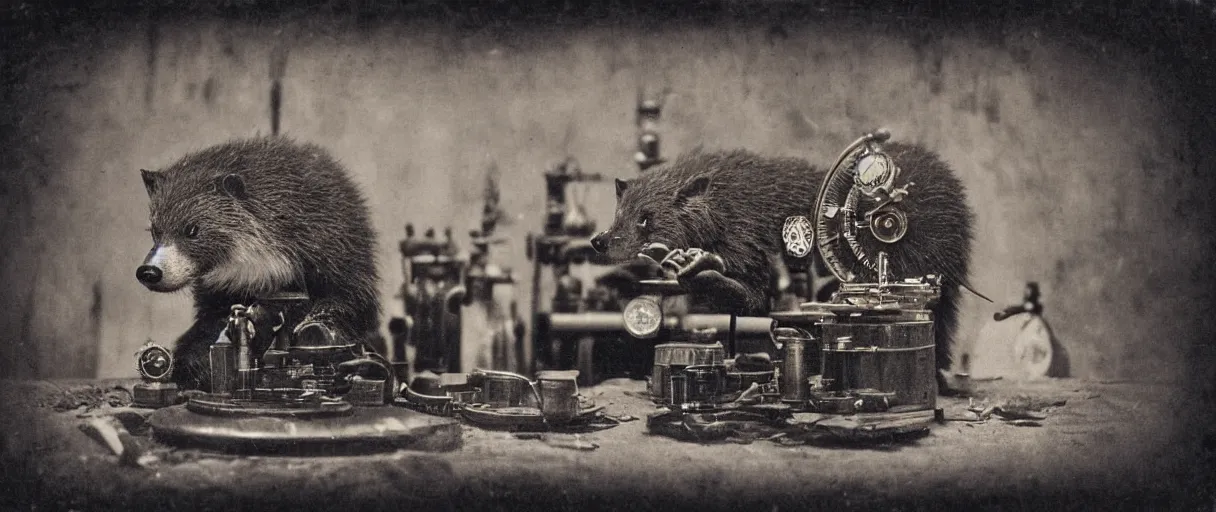 Image similar to detailed daguerreotype of a honey badger as watchmaker in workshop, steampunk vintage style, wet collodion, steampunk mechanism, sepia, monochrome black and white, artistic photo from late xix century, high resolution, dark atmosphere