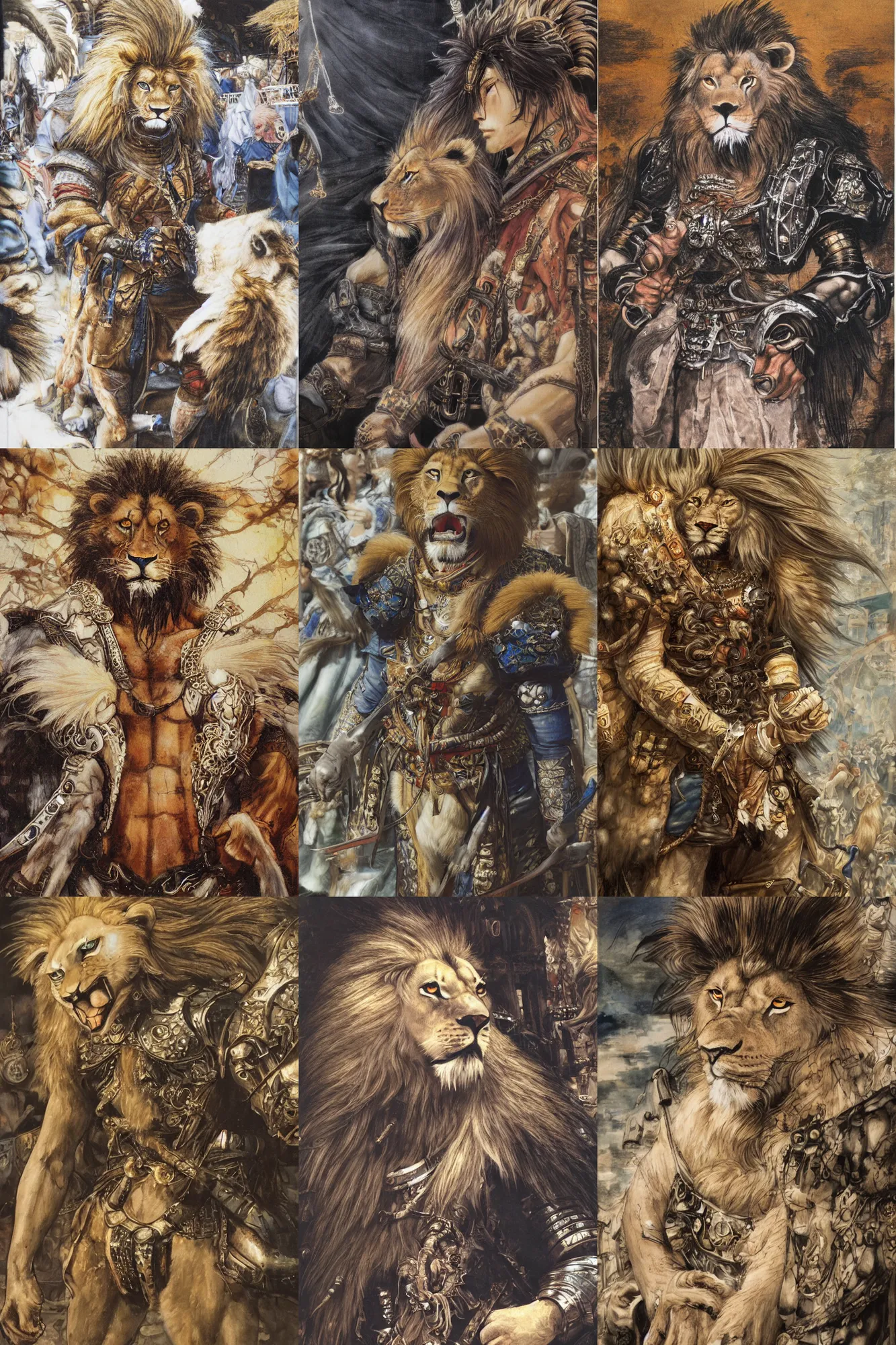 Image similar to 8 k yoshitaka amano painting of upper body of a young cool looking lion beastman with white mane at a medieval market at windy day. depth of field. he is wearing complex fantasy clothing. he has huge paws. renaissance style lighting.