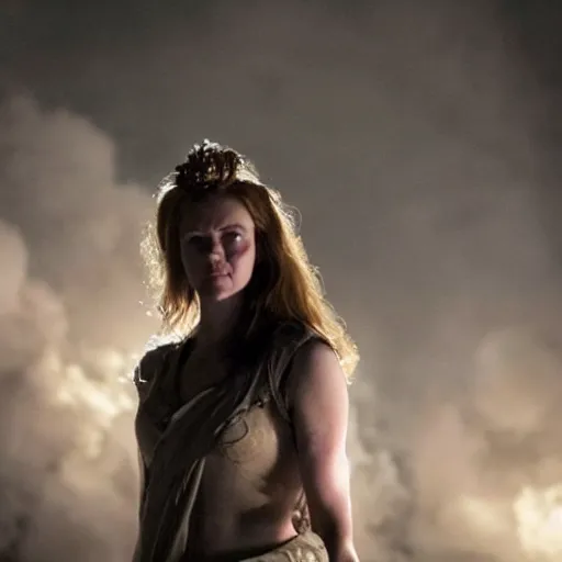 Image similar to bree williamson as the goddess of war. movie still. sinister atmospheric lighting. highly detailed, ground mist