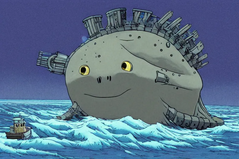 Image similar to cell shaded cartoon of a giant lovecraftian mechanized grey sunfish from howl's moving castle ( 2 0 0 4 ), in an icy river, full body, wide shot, very muted colors, post grunge, studio ghibli, highly detailed, deviantart, art by artgem